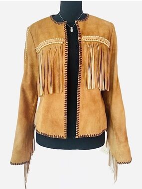 SCULLY ~ Tan Suede Fringe Short Jacket Dark Brown Leather Stitch Gold Accents